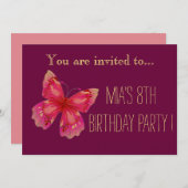 Rosa Schmetterling oder zwischen Geburtstagsparty Einladung (Vorne/Hinten)