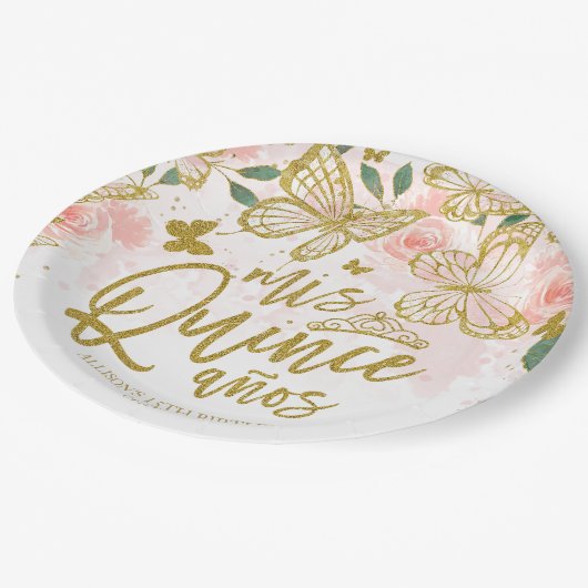 Rosa Schmetterling Party Pappteller (Schrägansicht)