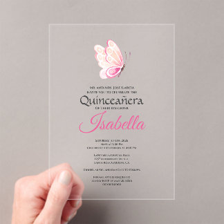 Rosa Schmetterling Quinceanera 15. Geburtstag Acryleinladungen