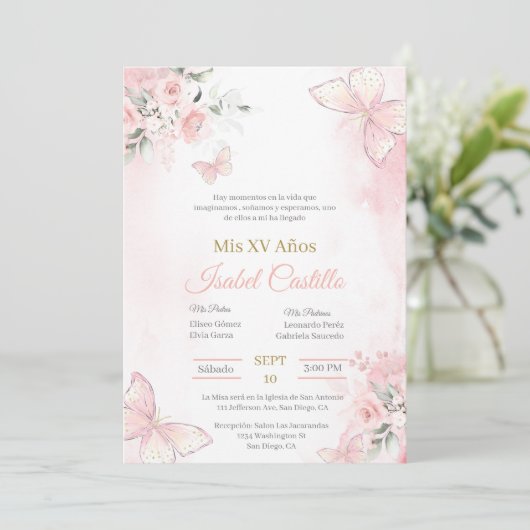 Rosa Schmetterling Quinceanera Einladung (Stehend Vorderseite)