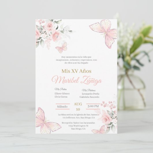 Rosa Schmetterling Quinceanera Einladung
