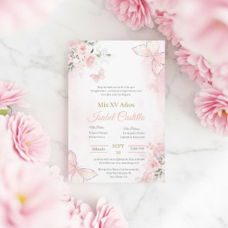 Rosa Schmetterling Quinceanera Einladung