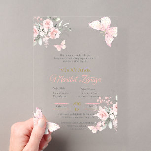 Rosa Schmetterling Quinceanera-Einladung Acryleinladungen