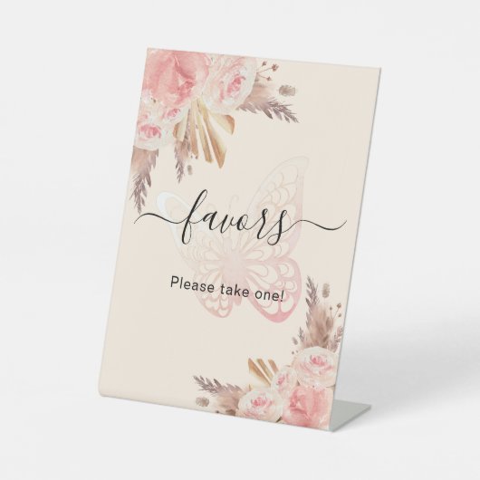 Rosa Schmetterling-Rose Beige Pampas-Gefälligkeits Sockelschild (Vorderseite)