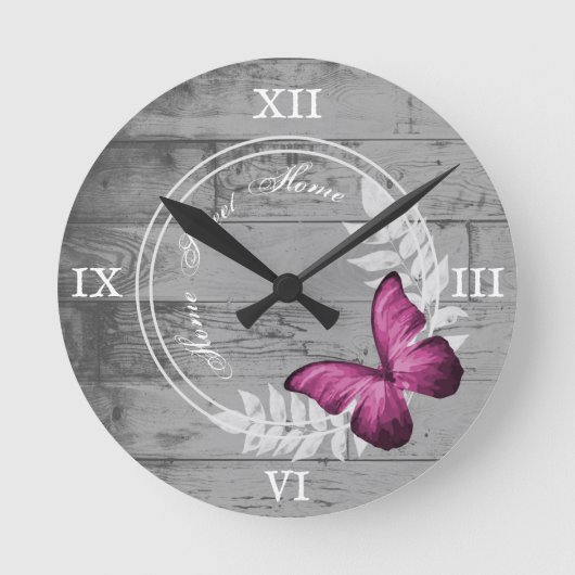 Rosa Schmetterling Rustikale Acrylwand Uhr (Vorderseite)