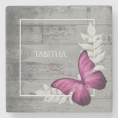 Rosa Schmetterling Rustikaler Personalisiert Stone Steinuntersetzer (Vorderseite)
