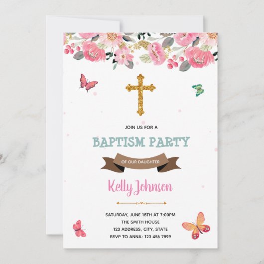 Rosa Schmetterling-Taufe Party Einladung (Vorderseite)