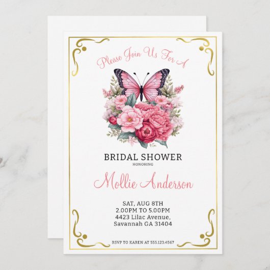 Rosa Schmetterling und Blume Brautparty Einladung (Vorne/Hinten)