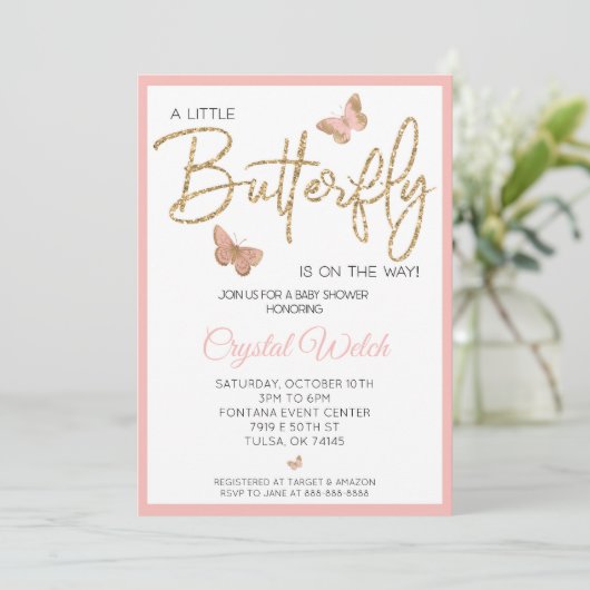 Rosa Schmetterling und Glitzer Kinderdusche Einlad Einladung (Stehend Vorderseite)