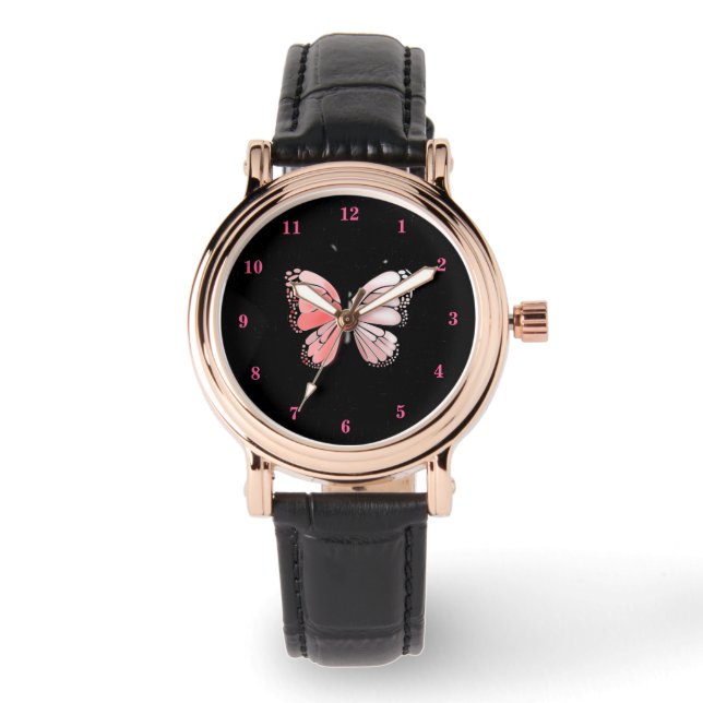 Rosa Schmetterling und Rose Art Armbanduhr (Vorderseite)