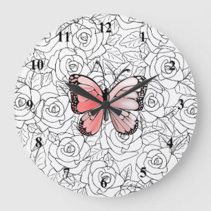 Rosa Schmetterling und Rose Art Große Wanduhr