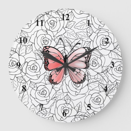 Rosa Schmetterling und Rose Art Große Wanduhr (Vorderseite)