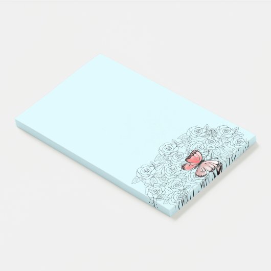 Rosa Schmetterling und Rose Art - Post-it Klebezettel (angewinkelt)