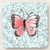 Rosa Schmetterling und Rose Getränkeverpackung Getränkeuntersetzer (Vorderseite)