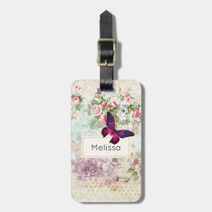 Rosa Schmetterling und schäbige Vintage-Rosen Gepäckanhänger