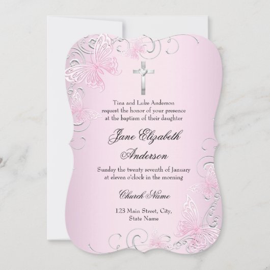 Rosa Schmetterling und Taufe Einladung (Vorderseite)