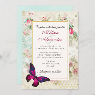 Rosa Schmetterling und Vintage Rose Collage Weddin Einladung