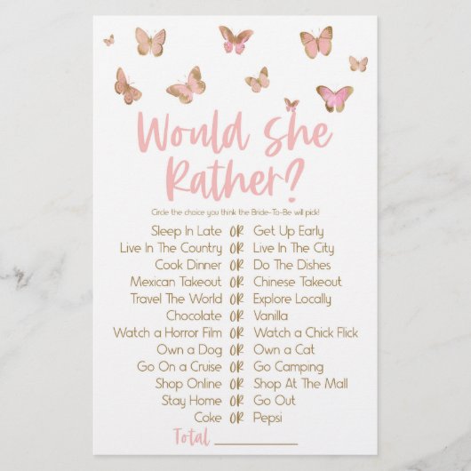Rosa Schmetterling würde sie eher Brautparty spiel Briefpapier (Vorderseite)