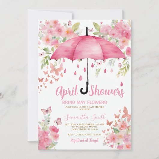 Rosa Schmetterlinge April Duschen bringen Mai Blum Einladung (Vorderseite)