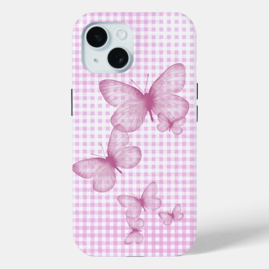 Rosa Schmetterlinge auf Gingham Case-Mate iPhone Hülle (Rückseite)