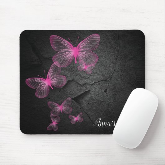 Rosa Schmetterlinge auf schwarzem Felsen Mousepad (Mit Mouse)