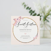 Rosa Schmetterlinge Boho Gold Frame Girly Sweet 16 Einladung (Stehend Vorderseite)