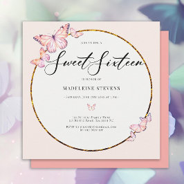 Rosa Schmetterlinge Boho Gold Frame Girly Sweet 16 Einladung