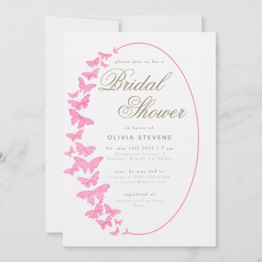 Rosa Schmetterlinge Boho Rahmen Elegantes Brautpar Einladung (Vorderseite)