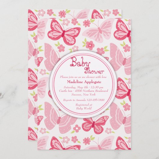 Rosa Schmetterlinge Einladung (Vorne/Hinten)
