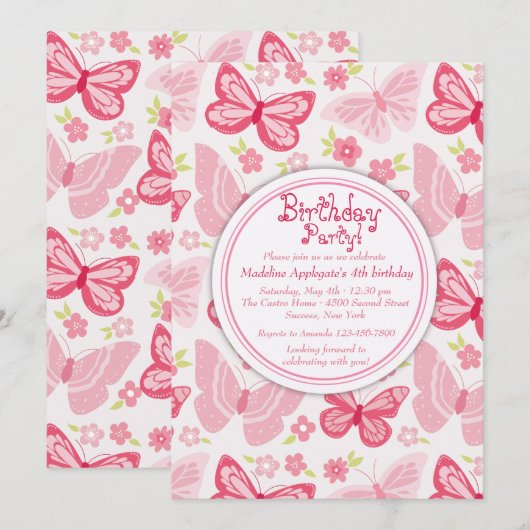 Rosa Schmetterlinge Einladung (Vorne/Hinten)