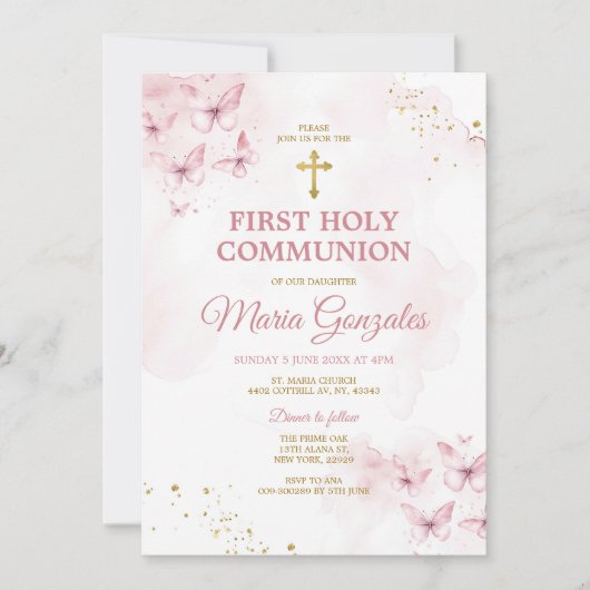 Rosa Schmetterlinge Goldkreuz Erste Heilige Kommun Einladung (Vorderseite)
