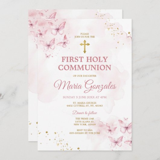 Rosa Schmetterlinge Goldkreuz Erste Heilige Kommun Einladung (Vorne/Hinten)
