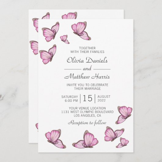 Rosa Schmetterlinge in Aquarellfarbe. Elegante Hoc Einladung (Vorne/Hinten)