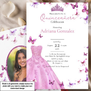 Rosa Schmetterlinge Kleid und Tiara Foto Quinceane Einladung