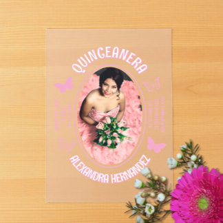 Rosa Schmetterlinge Quinceanera Acryleinladungen