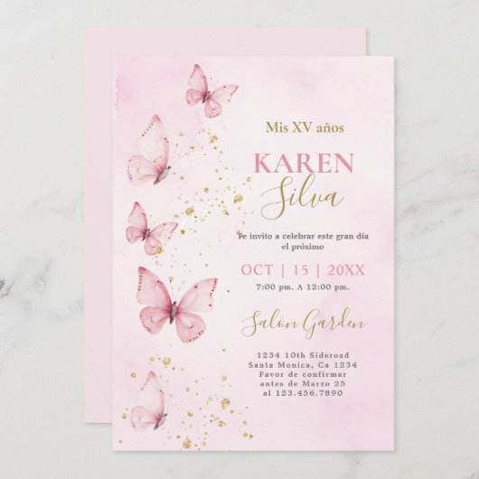 Rosa Schmetterlinge Quinceañera Einladung (Vorne/Hinten)