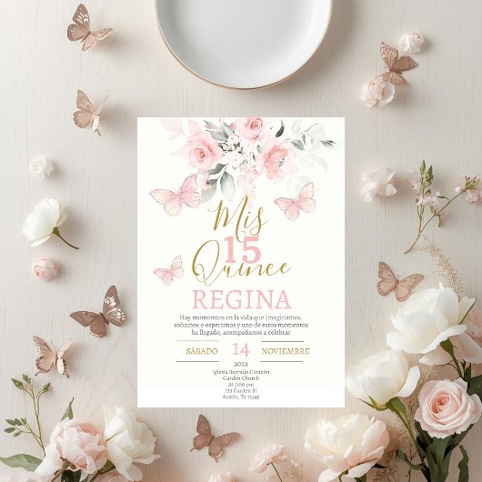 Rosa Schmetterlinge Quinceañera Einladung