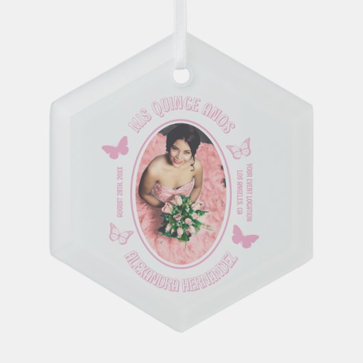 Rosa Schmetterlinge Quinceanera Ornament Aus Glas (Vorderseite)
