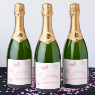 Rosa Schmetterlinge Quinceanera Schaumweinetikett