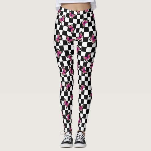 Rosa Schmetterlinge Scheckkartelle Leggings (Vorderseite)