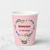 Rosa Schmetterlinge schwimmende Mädchen 1. Geburts Pappbecher (Vorderseite)