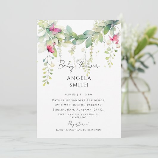 Rosa Schmetterlinge treiben Foliage Babydusche Einladung (Stehend Vorderseite)