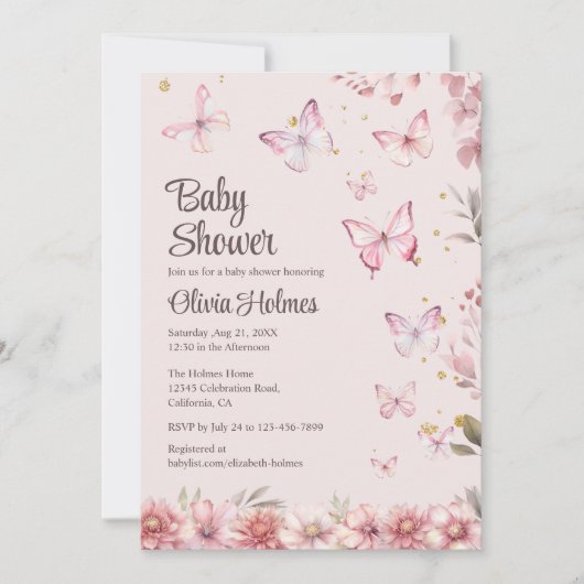 Rosa Schmetterlinge und Blumengartendusche Einladung (Vorderseite)