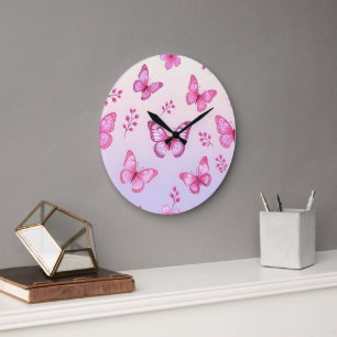 Rosa Schmetterlinge und Blumenmuster Große Wanduhr