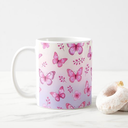 Rosa Schmetterlinge und Blumenmuster Kaffeetasse (Mit Donut)