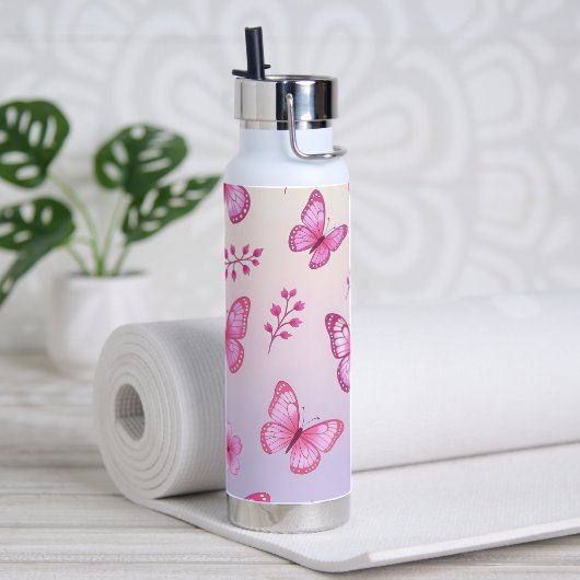 Rosa Schmetterlinge und Blumenmuster Trinkflasche (Yoga (gedreht)