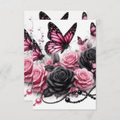 Rosa Schmetterlinge und Rose mit schwarzen Perlen Dankeskarte (Vorne/Hinten)