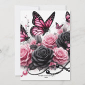 Rosa Schmetterlinge und Rose mit schwarzen Perlen Einladung (Rückseite)