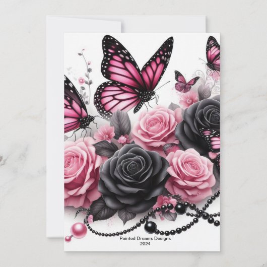 Rosa Schmetterlinge und Rose mit schwarzen Perlen Einladung (Rückseite)