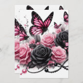 Rosa Schmetterlinge und Rose mit schwarzen Perlen Einladung (Vorne/Hinten)